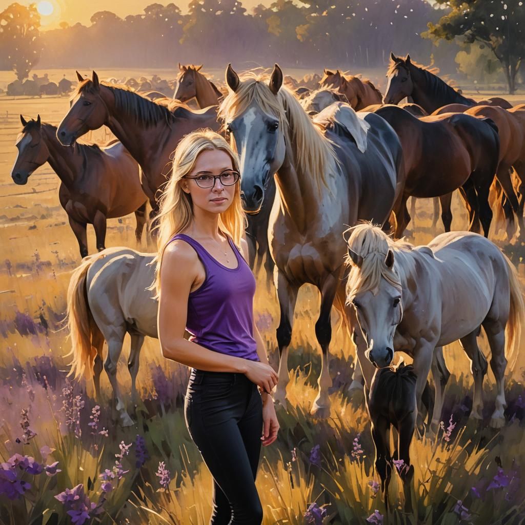 Blonde Girl in Field of Horses: Oil Painting Portrait