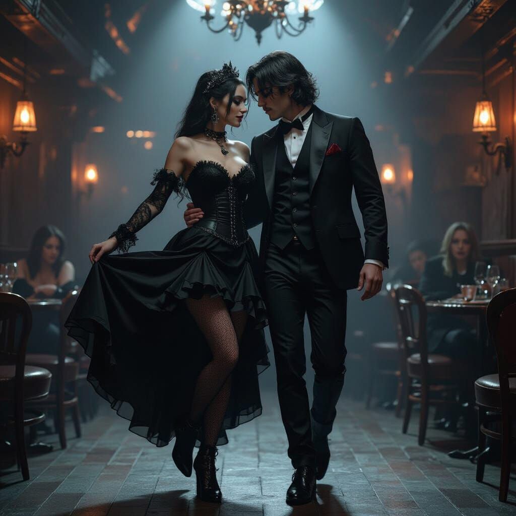 Gothic Couples Dance in Dimly Lit Club