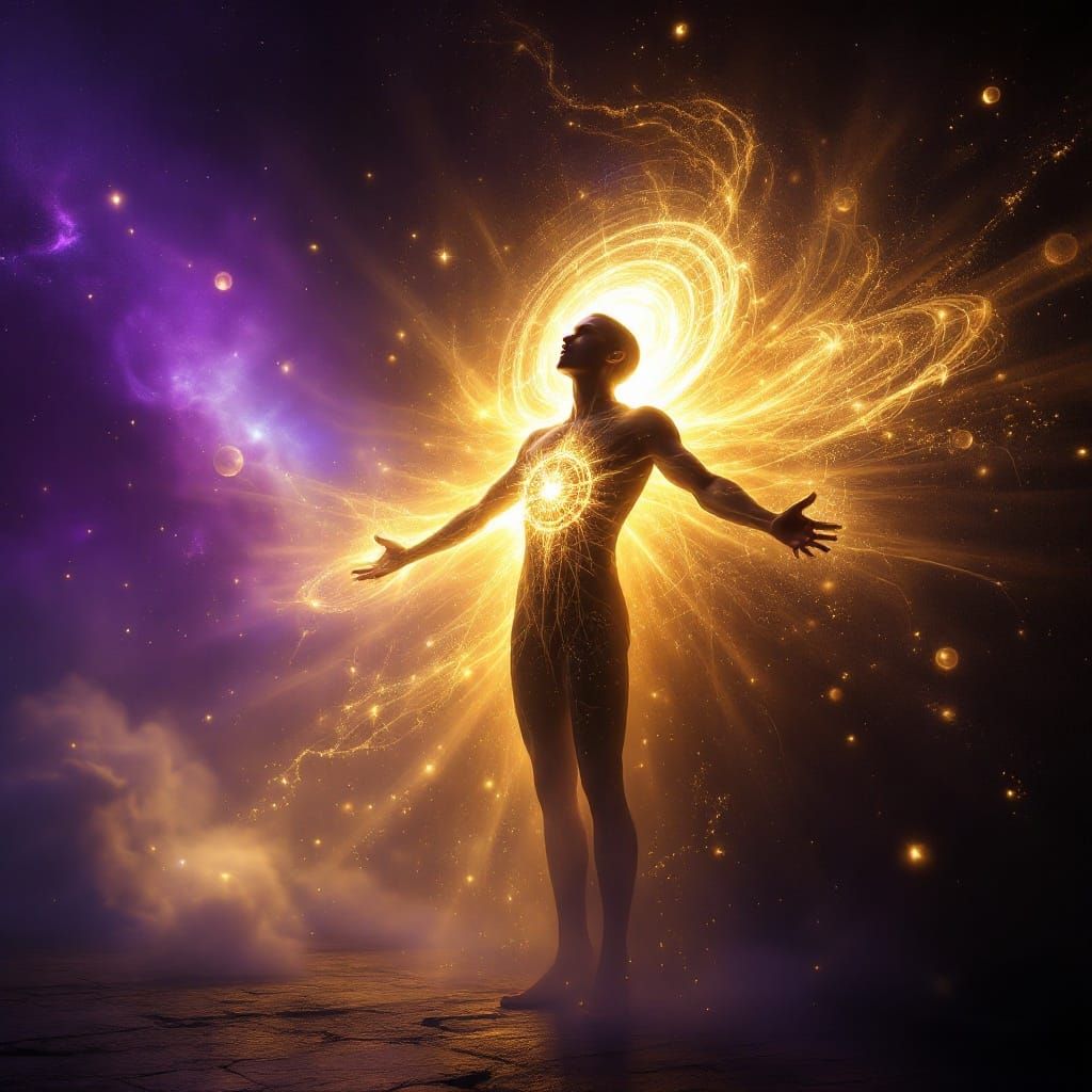 Ethereal Sovereign Figure Radiates Golden Light Amidst Cosmi...
