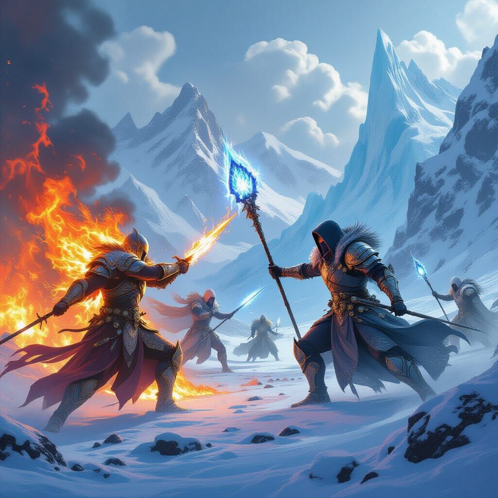 Epic Battle of Fire and Ice in Retro-Futuristic Style