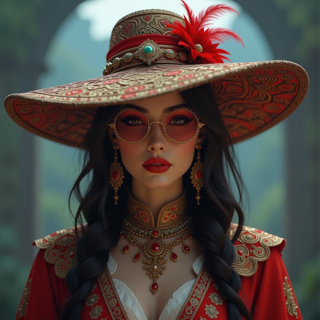 Mystical Woman in Ornate Clothing with Large Hat