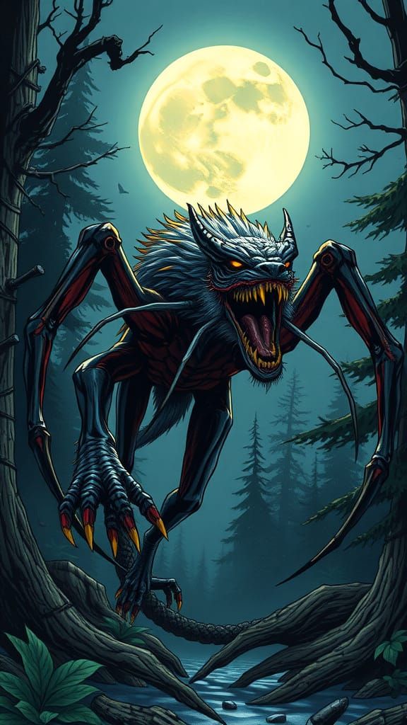 Fierce Moonlit Forest Monster in Graphic Novel Style