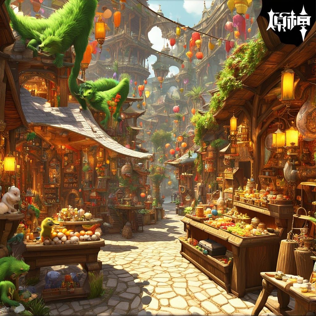 Surreal Marketplace Scene in Vibrant Digital Painting Style