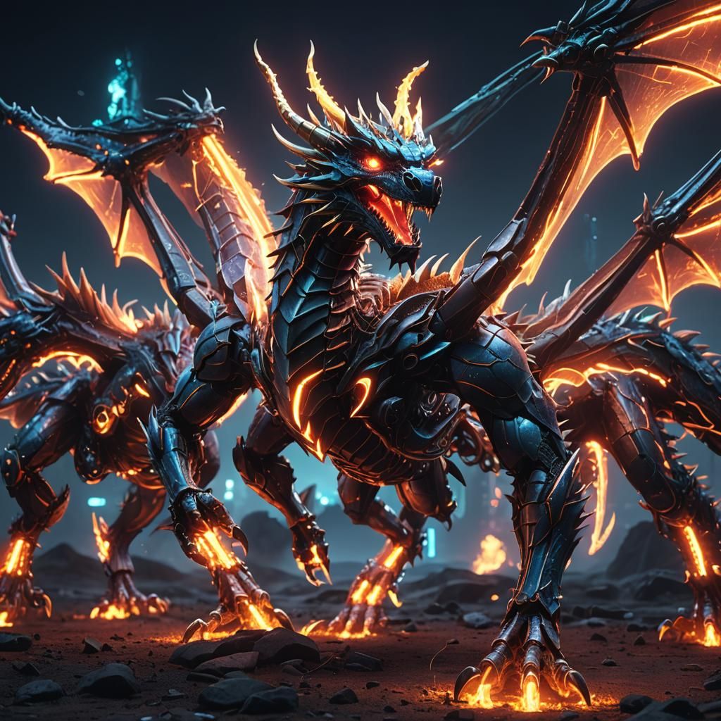 Three-Headed Dragon Breathes Fire in Neon Glow