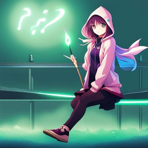 Girl Casting Magic in Parking Lot, Anime Style