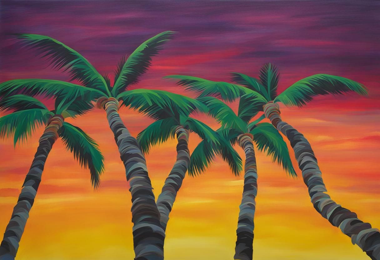 Tropical Sunset Palm Trees Silhouette Art