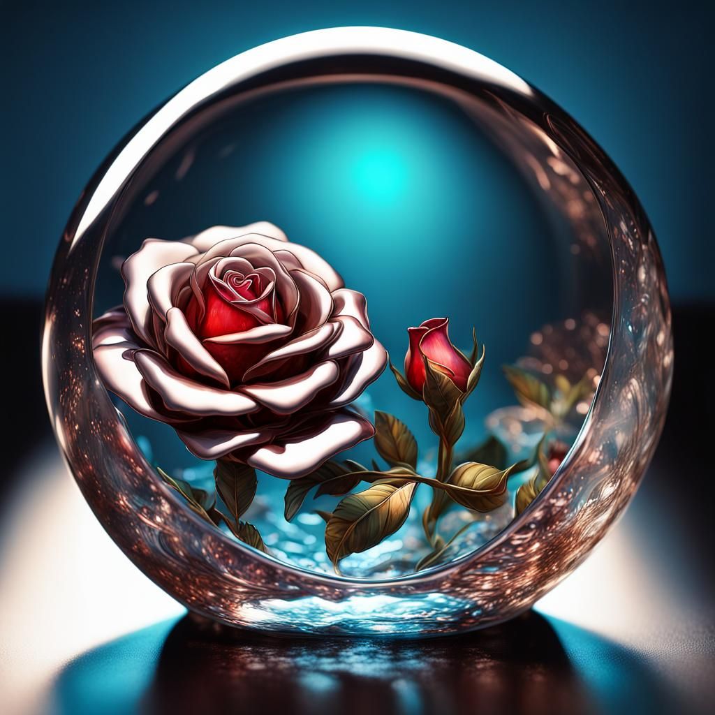 Glimmering Metal Roses Inside Glass Paperweight