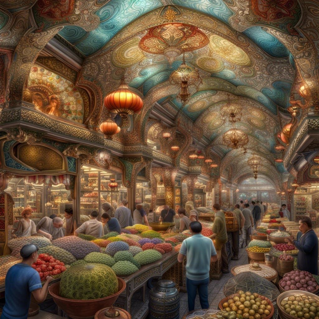 Lively Asian Farmers Market in Art Nouveau Style