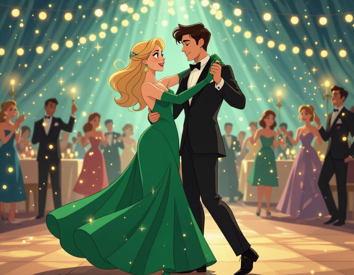 Couple Dancing Under Twinkling Lights in Romantic Illustrati...