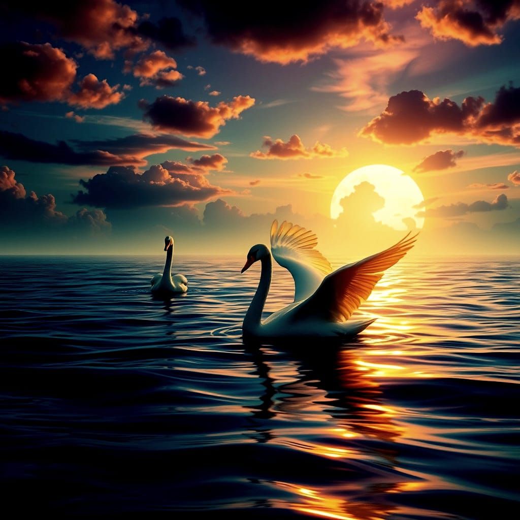 Fantastical Swans Soar Over a Vibrant Ocean in a Detailed Ma...
