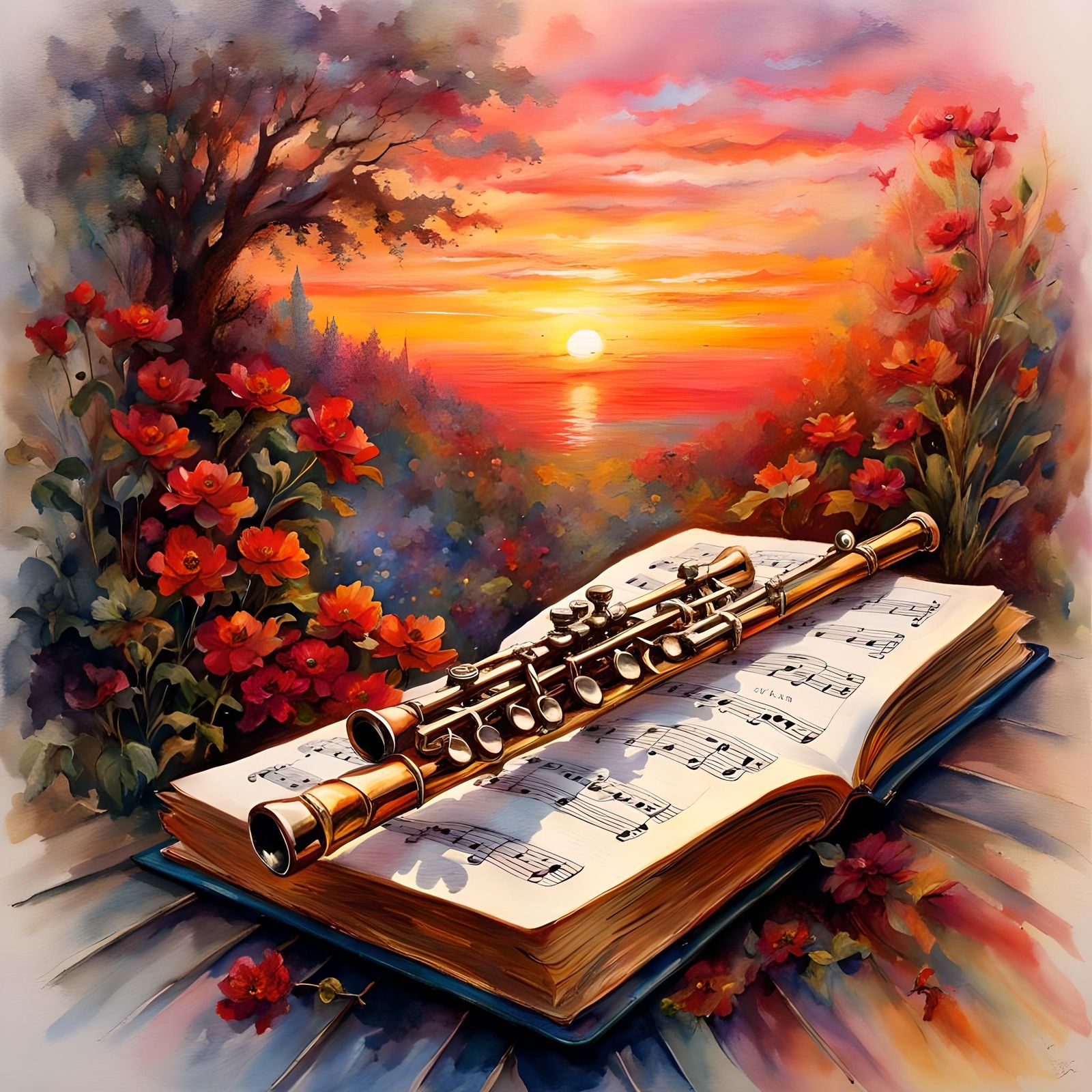 Silver Flute on Music Book in Watercolor and Ink