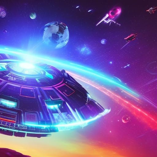 Spaceship Jumps to Hyperspace in Neon Digital Art