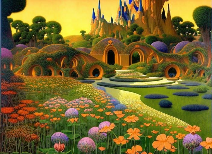 Sunrise Gardens with Wildflowers and Gothic Archways