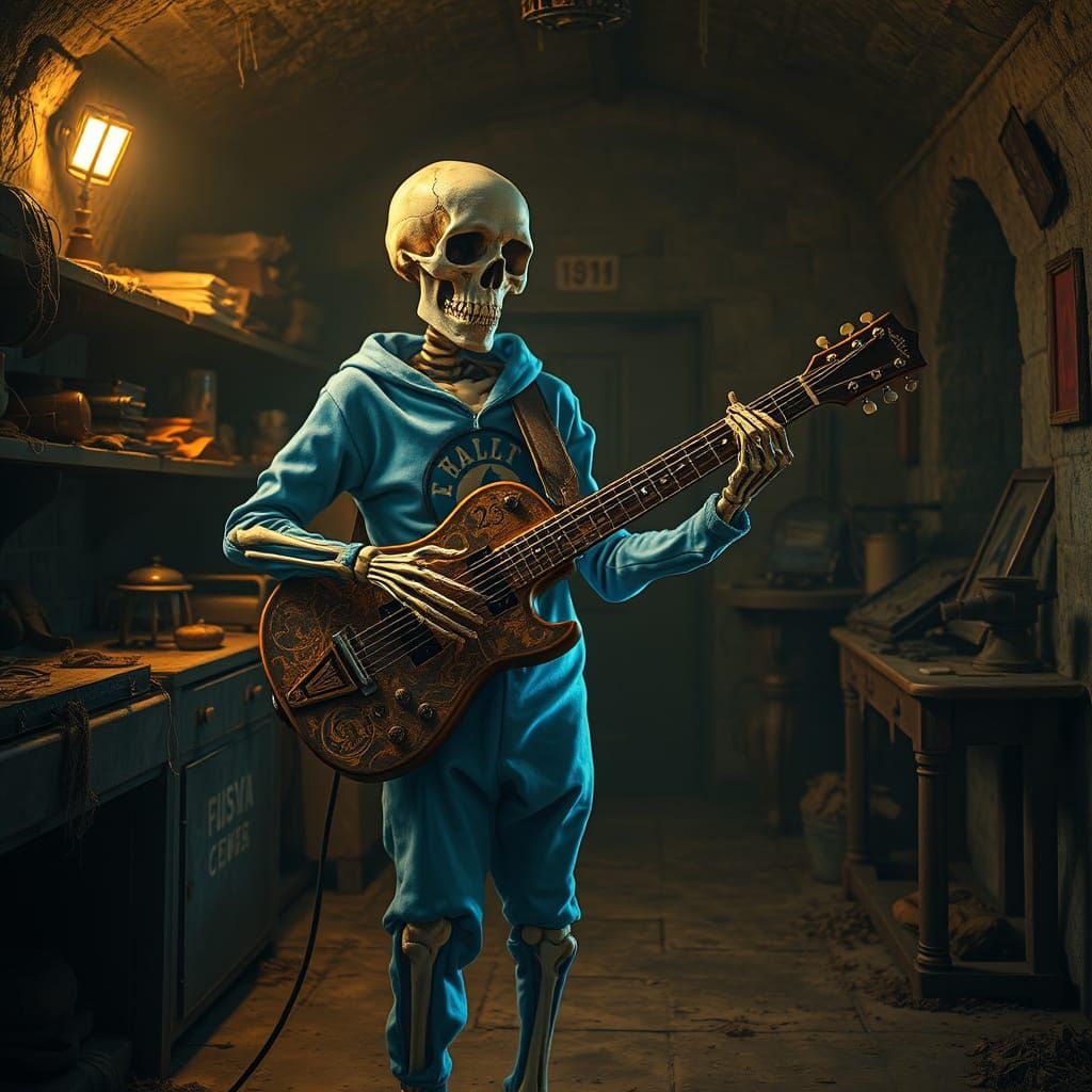 Mysterious Skeleton Plays Ancient Guitar in Dimly Lit Vault ...