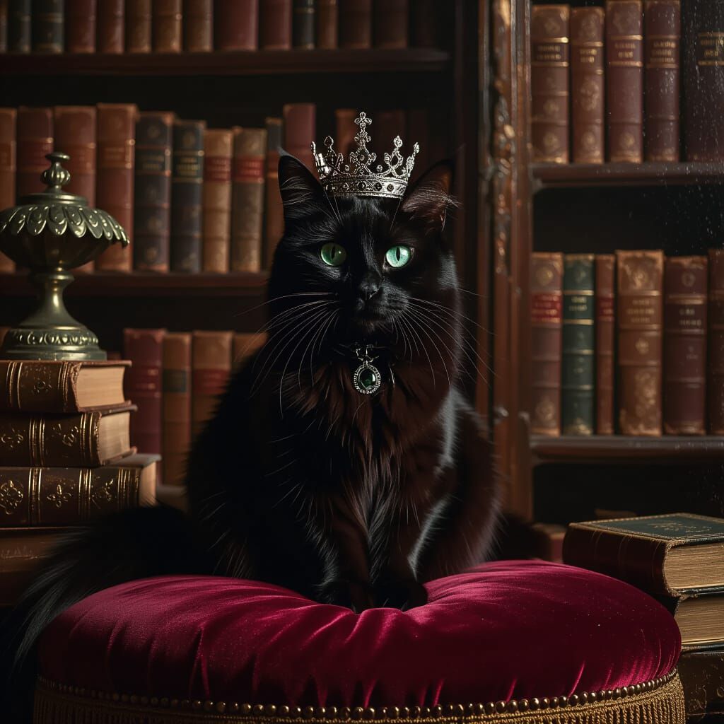 Majestic Black Cat with Emerald Eyes and Crown