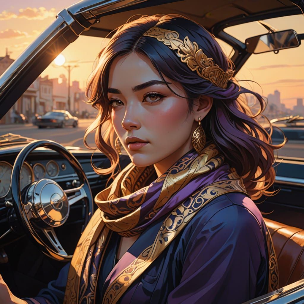 Jugendstil Goddess in a Vintage Sportscar