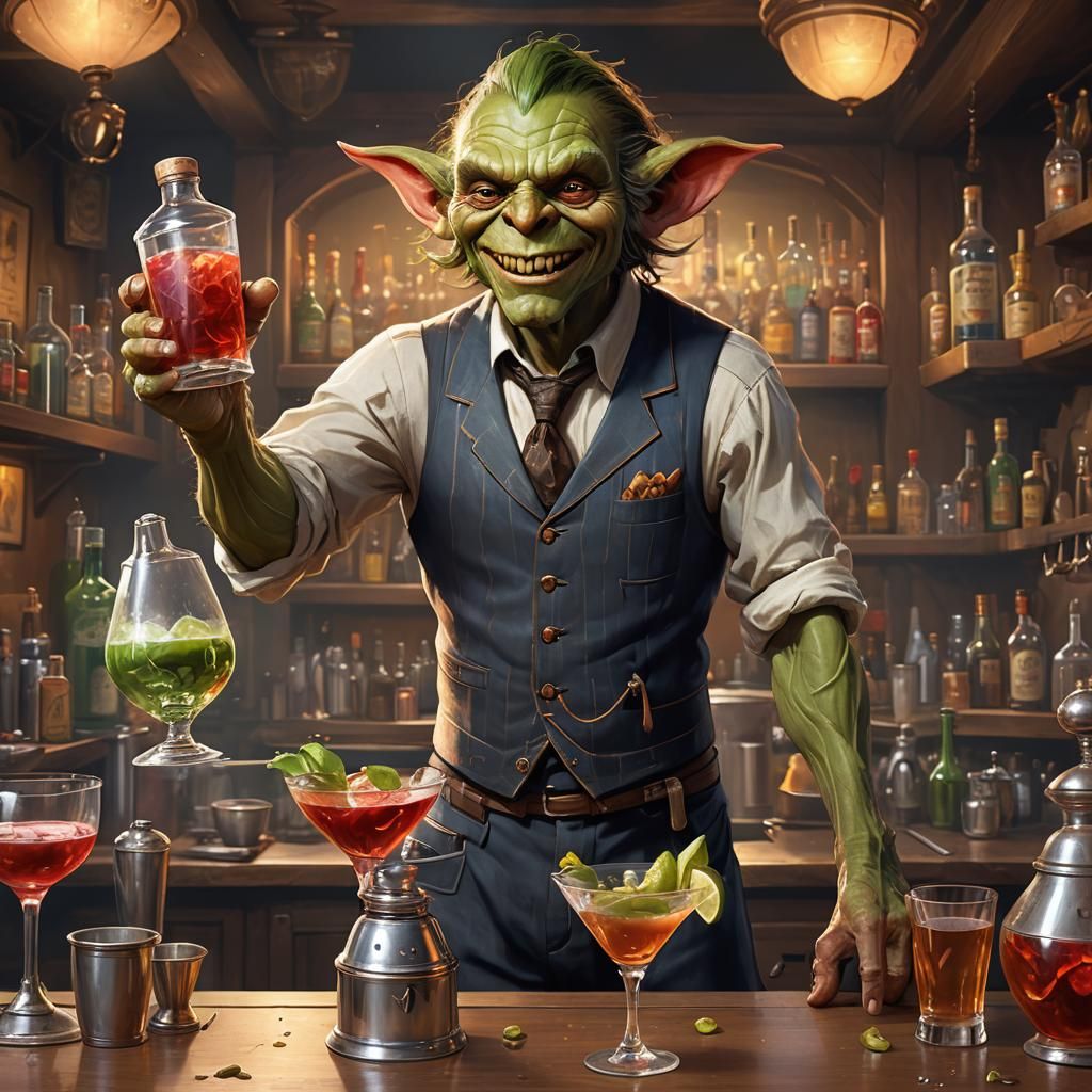 Enthusiastic Goblin Barman Shaking Cocktail, Digital Art