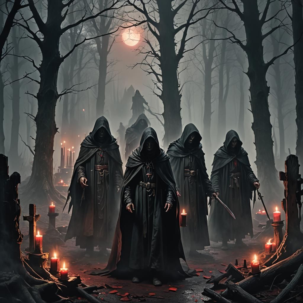 Mystical Shadowy Figures in a Foggy Forest