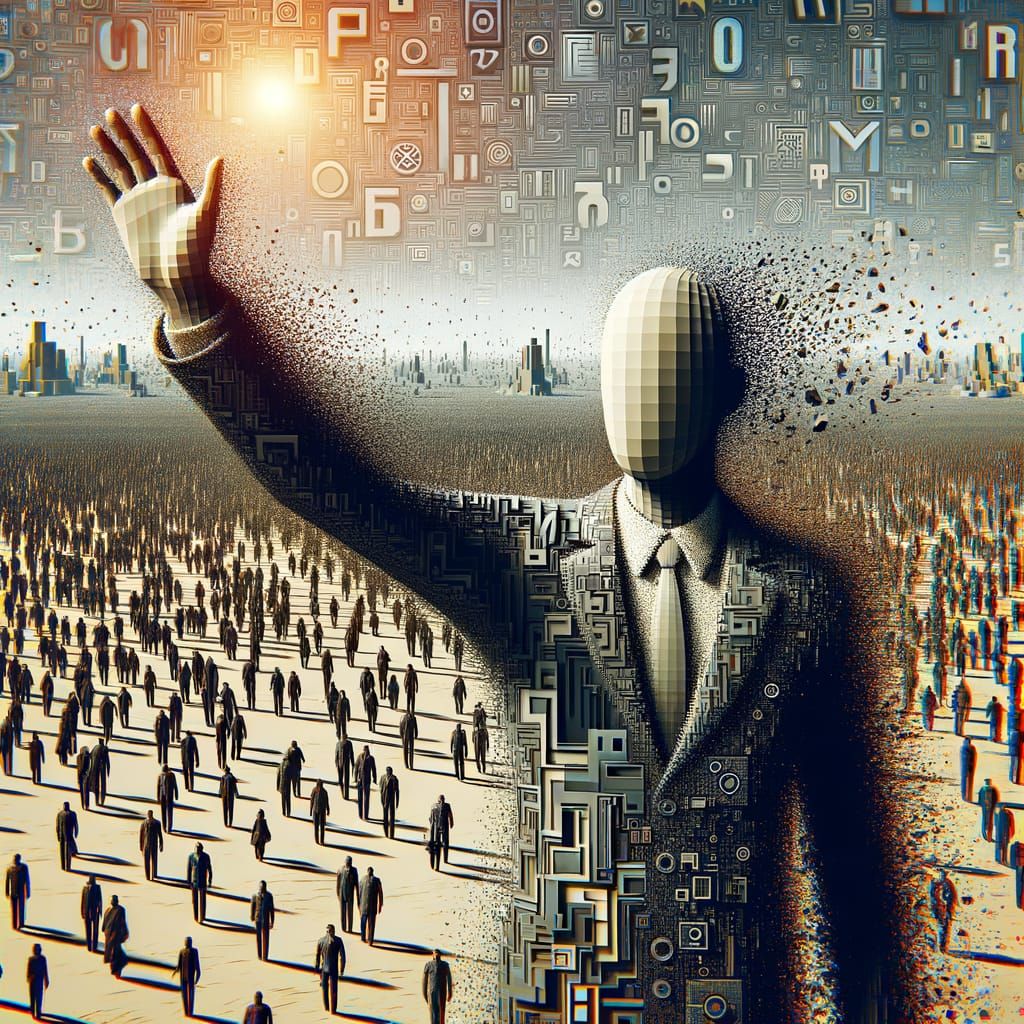 Faceless Man Waves to Crowd in Abstract Geometric Field