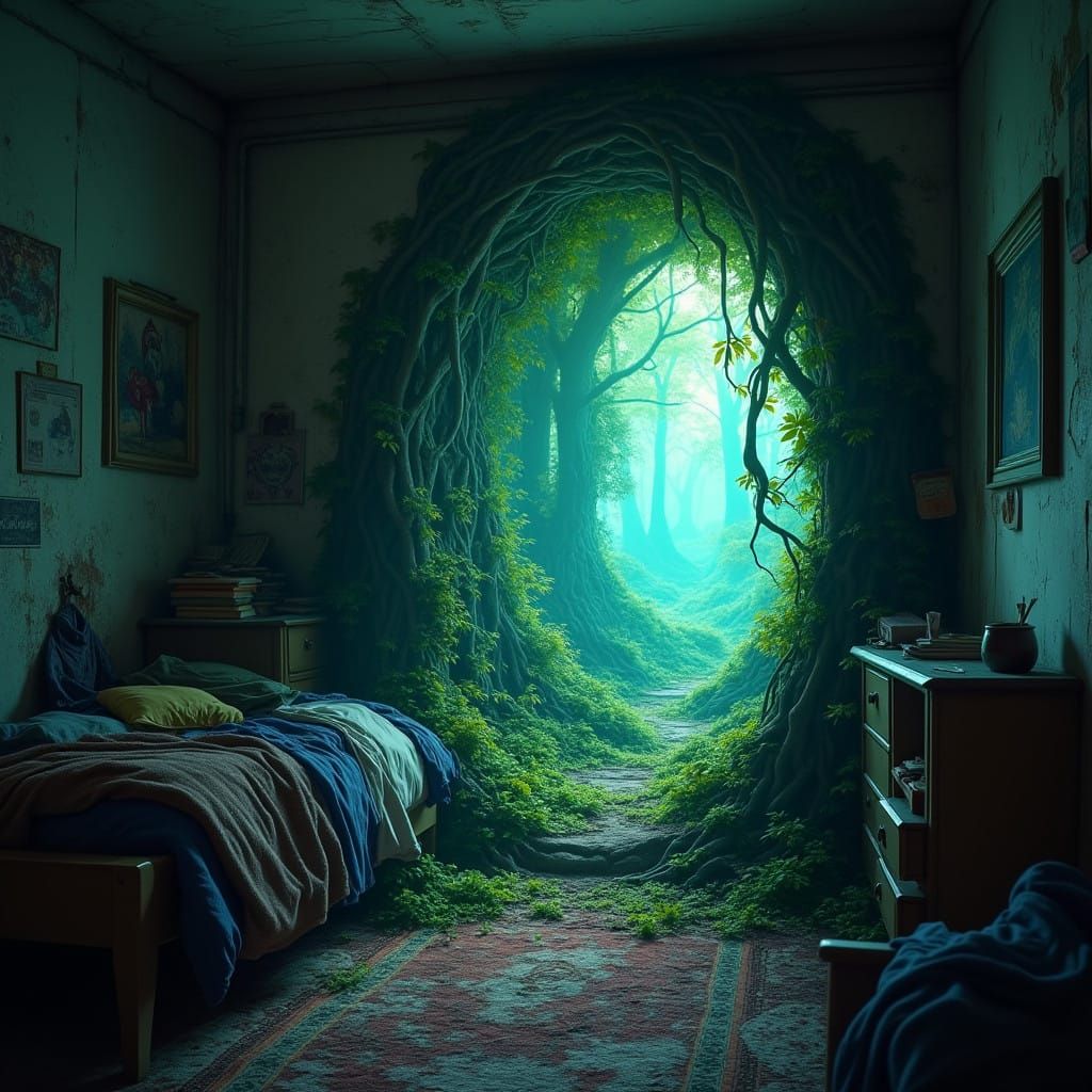 Mystical Portal Unveils Emerald Forest in a Glimmering Bedro...