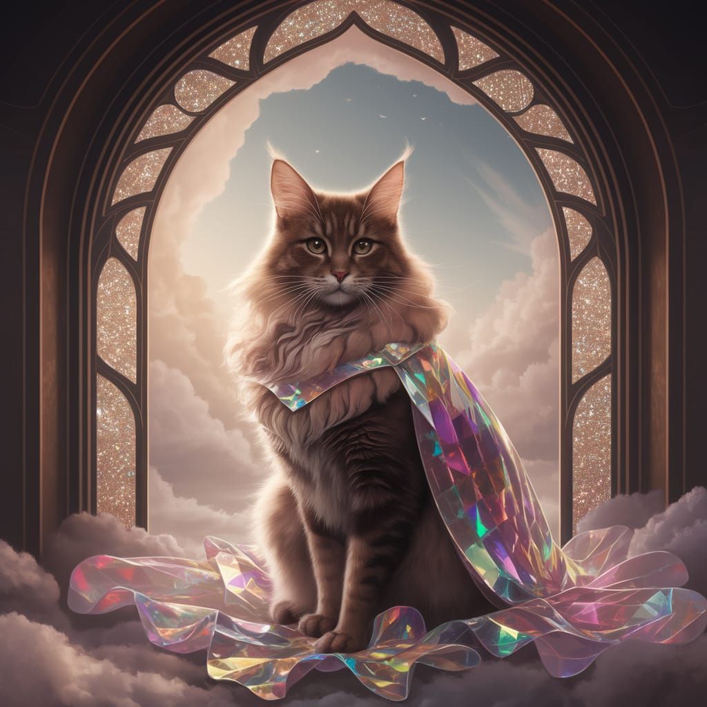Majestic Brown Cat in Vibrant Plaid Cloak Amidst Stained Gla...