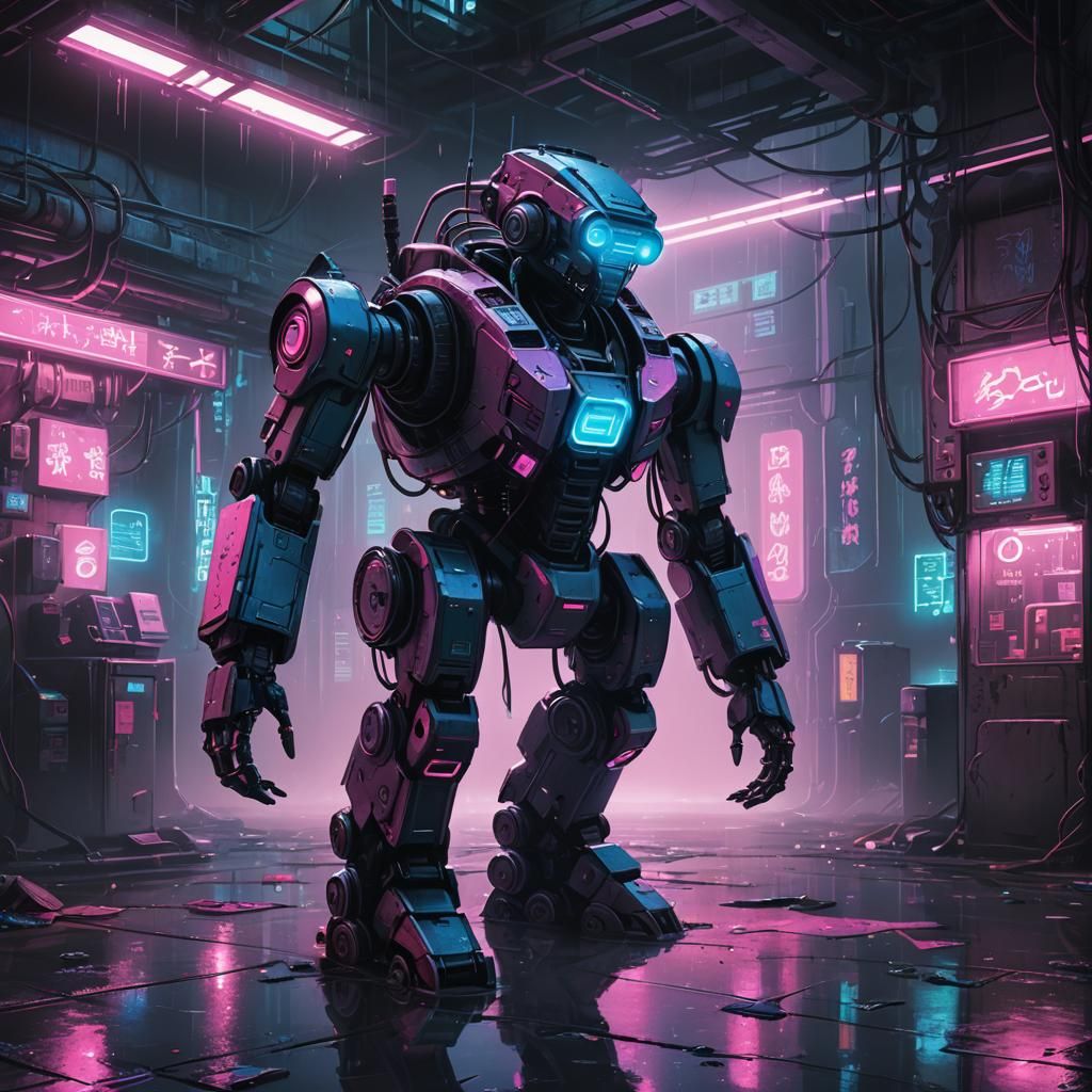 Cyberpunk Robot Searches for Batteries in Neon City