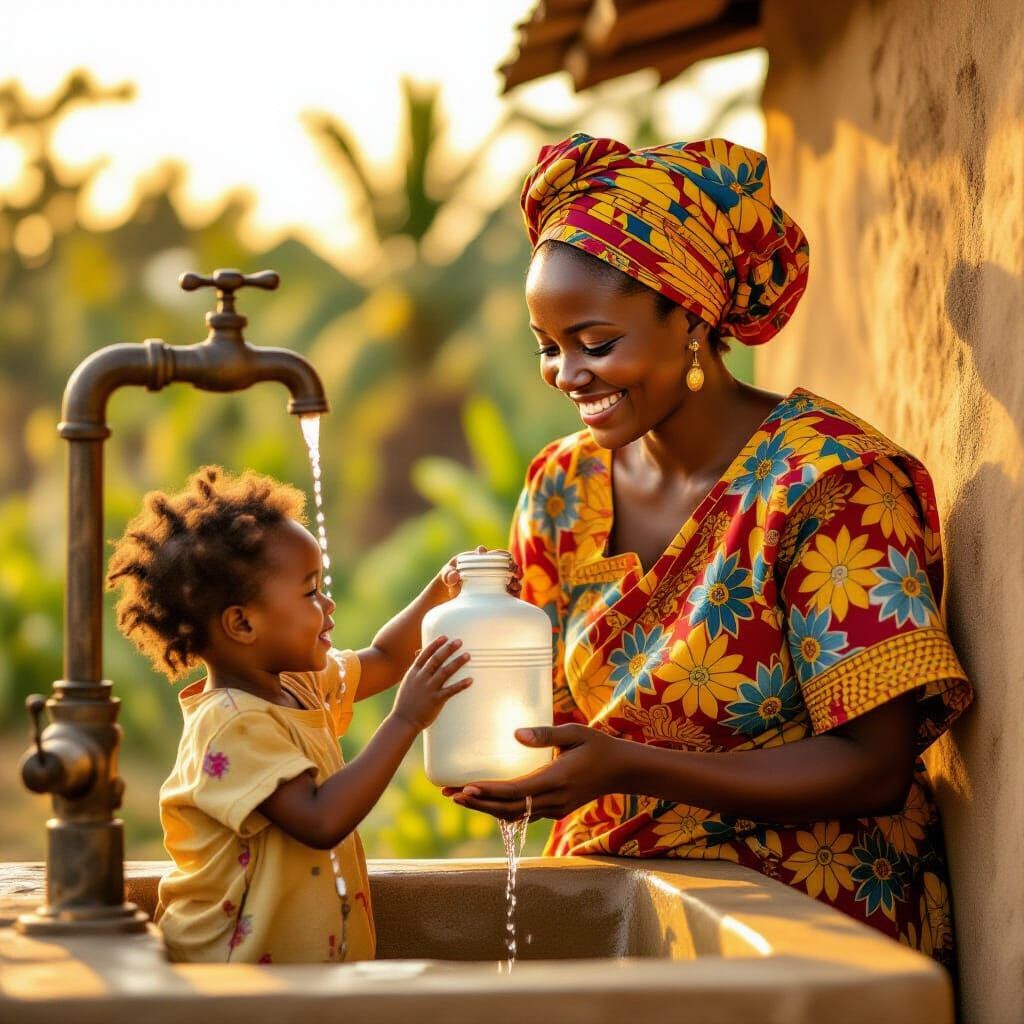 African Mother Shares Clean Water with Child in Golden Light