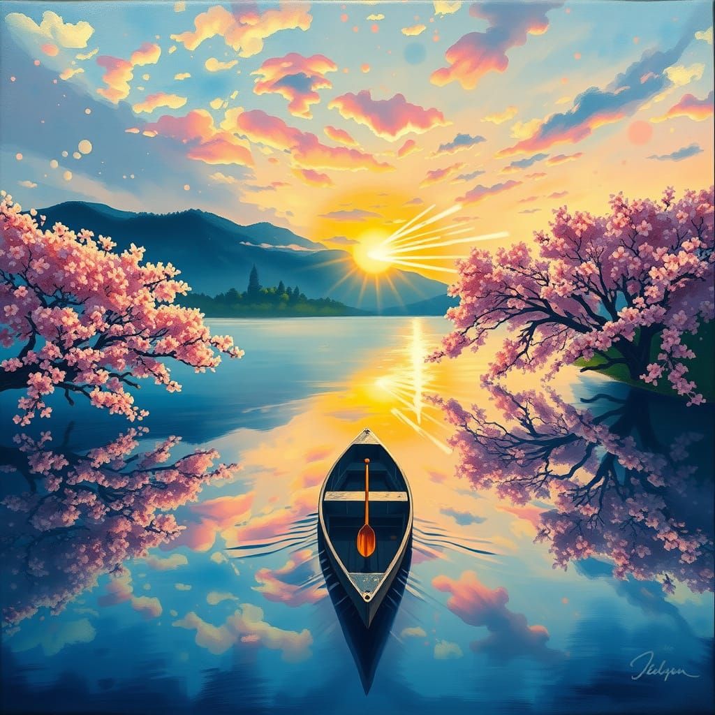Serene Sunrise Lake with Sakura Trees in Gouache Style