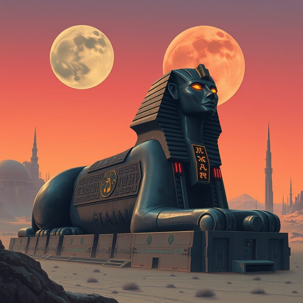 Ancient Obsidian Sphinx Guards Forgotten City Under Two Moon...