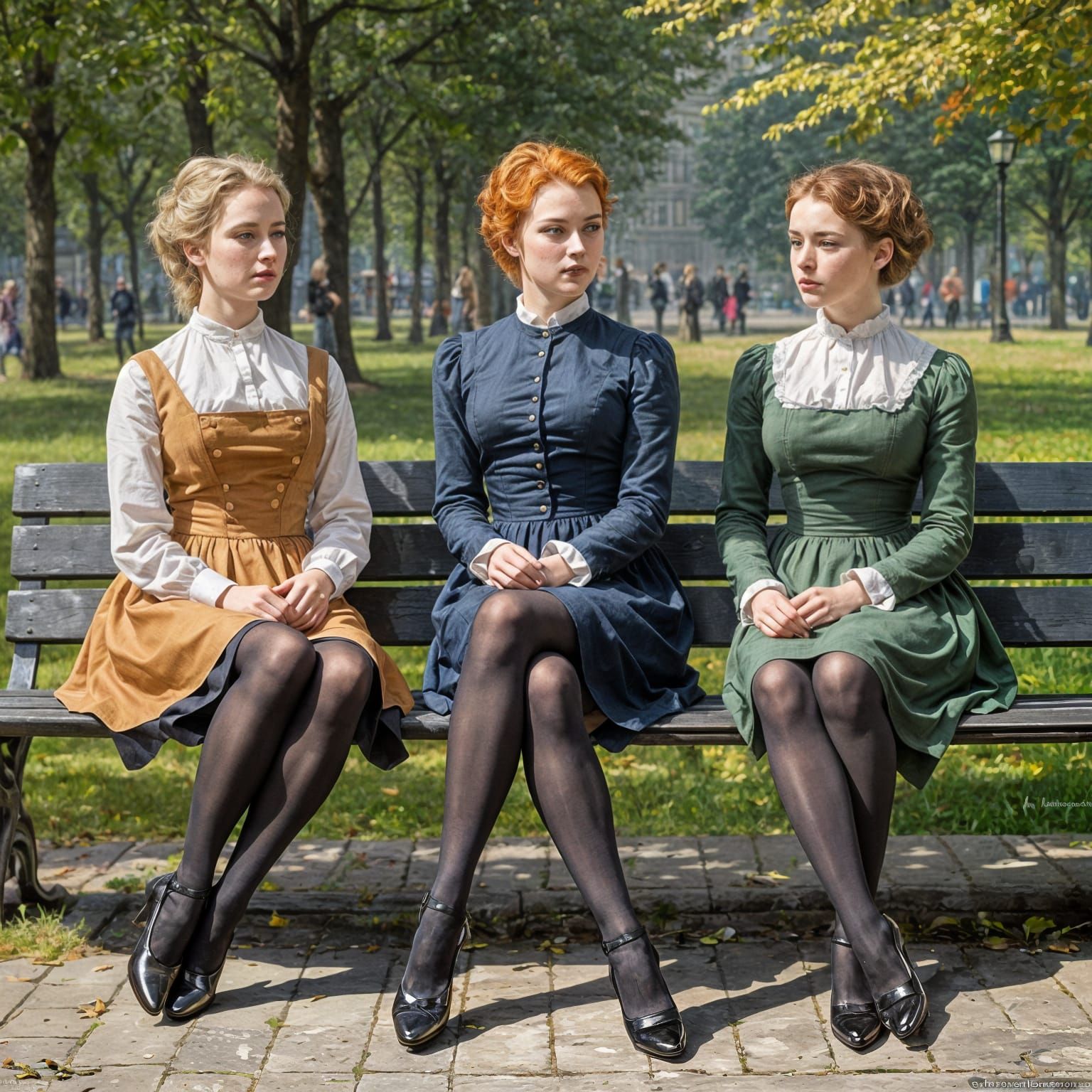 Three Danish Women in Elegant Attire Sit on a Bench in Moody...