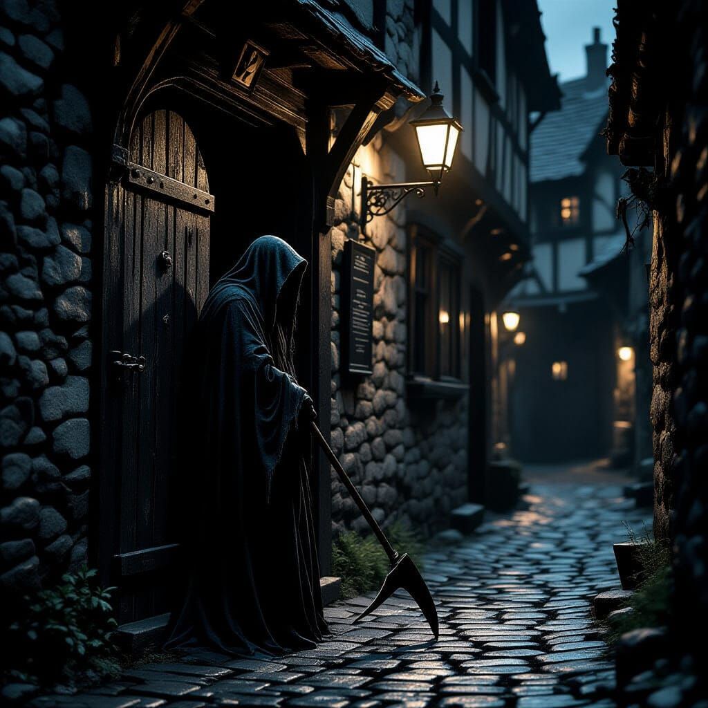 Gothic Tavern Entrance with Specter and Scythe