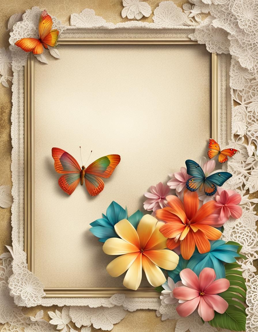 Vintage Scrapbook Page with Tropical Flowers and Butterfly