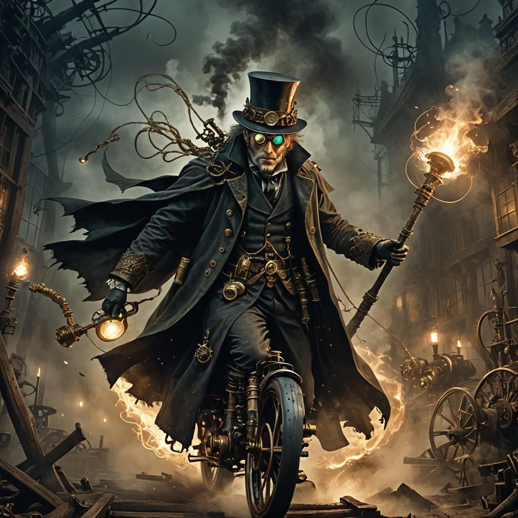 Steampunk Wizard Flying on Broom in Dark Fantasy Style