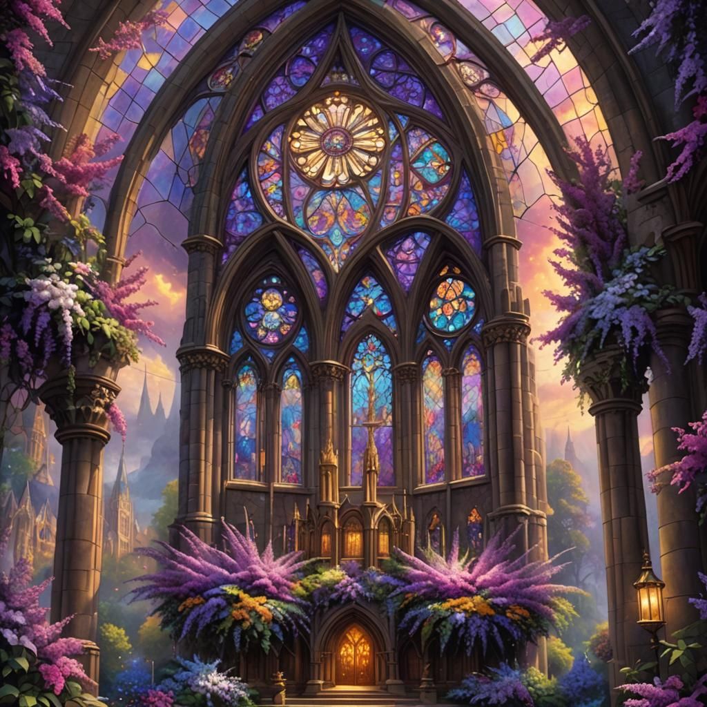 Stained Glass Cathedral with Purple Angelonia Flower
