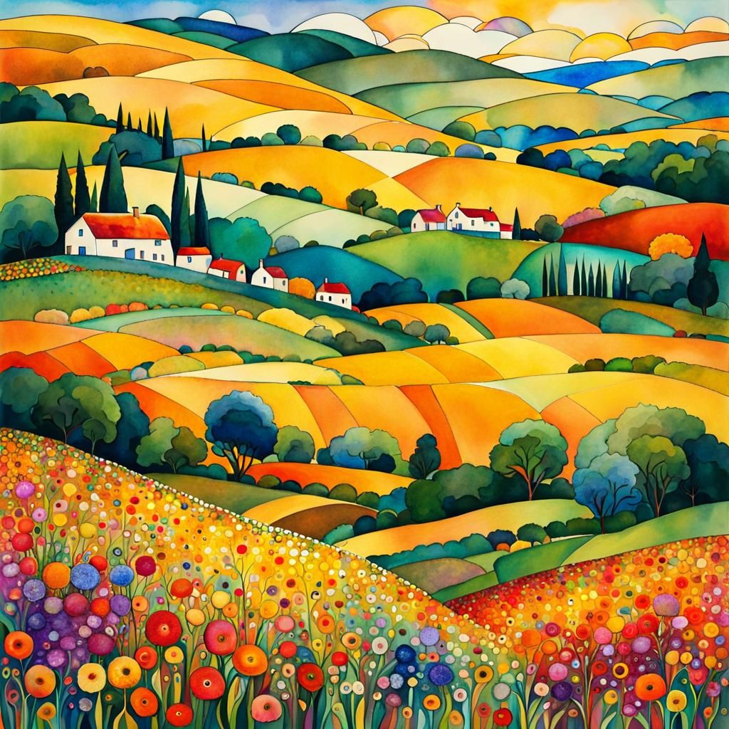 Glittering Floral Landscape in Klimt Mosaic Style