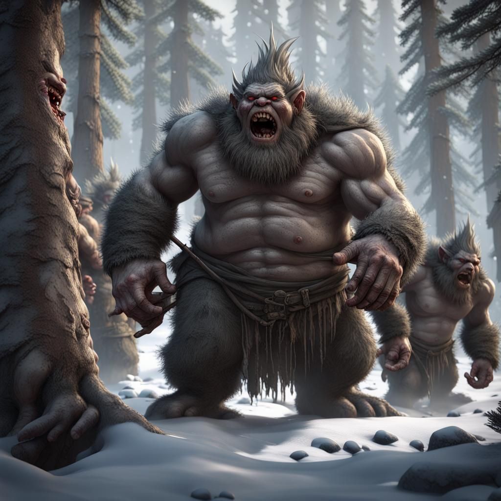 horde of angry fat ugly hairy giant trolls, grey skin, fangs...