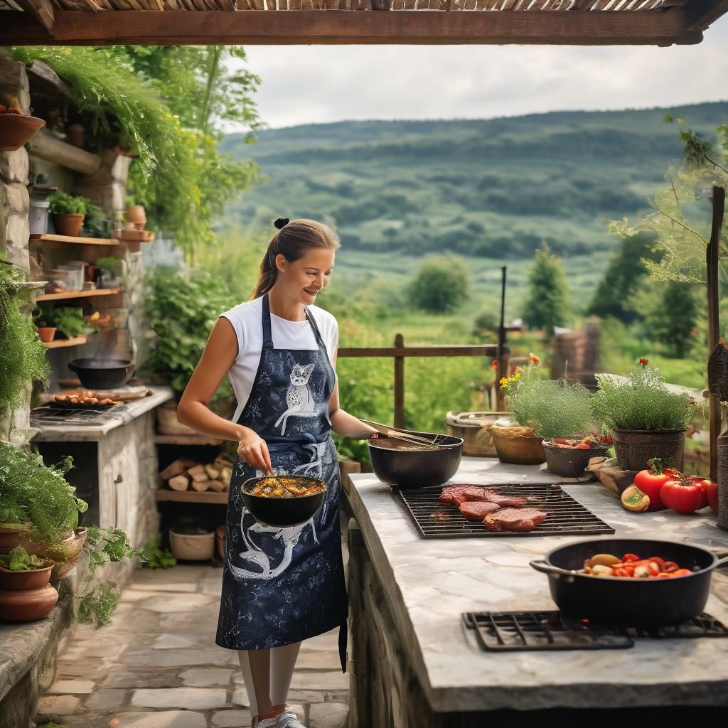 Cat Chef Cooks Outdoors in Batik Apron