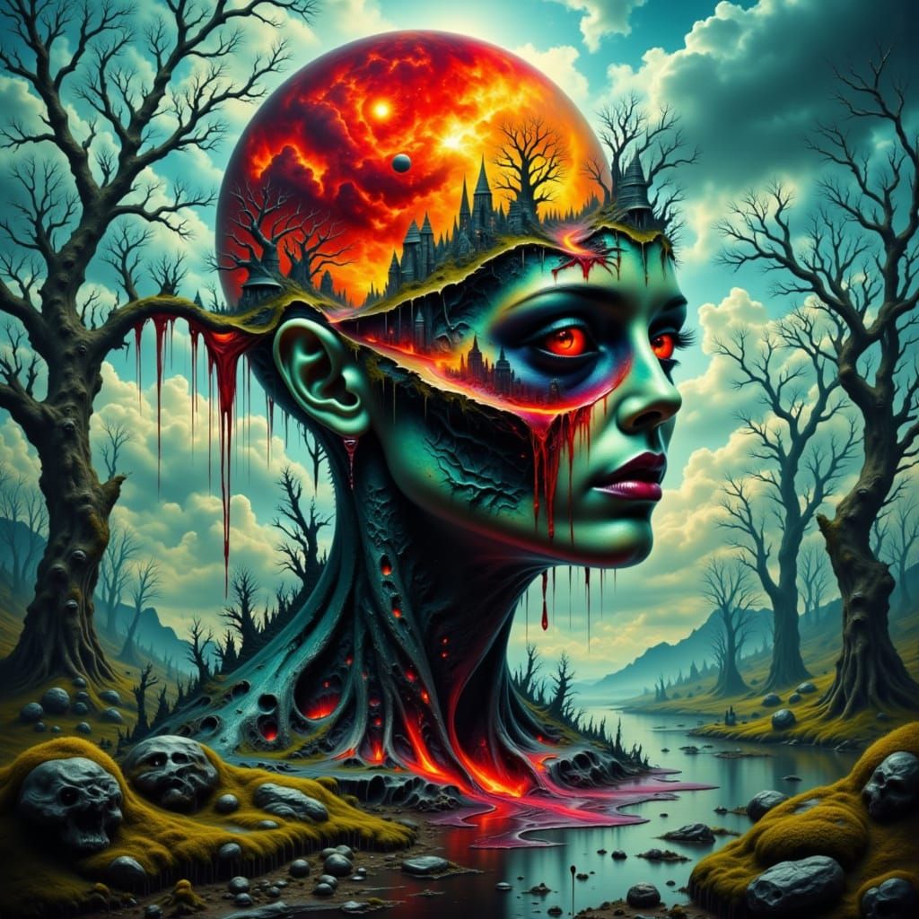 Grotesque Creature in a Bleeding Swamp