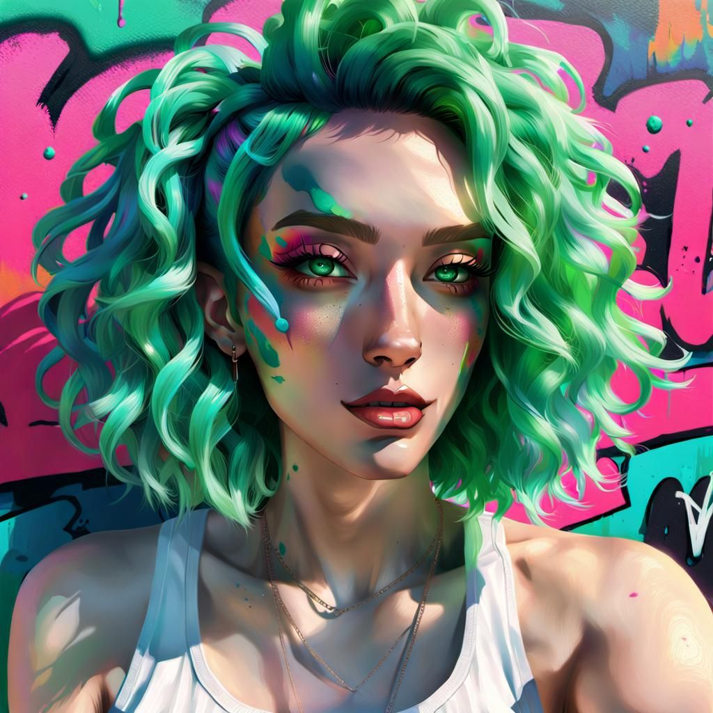 Anime Trans Woman with Hot Dog, Neon Graffiti Art