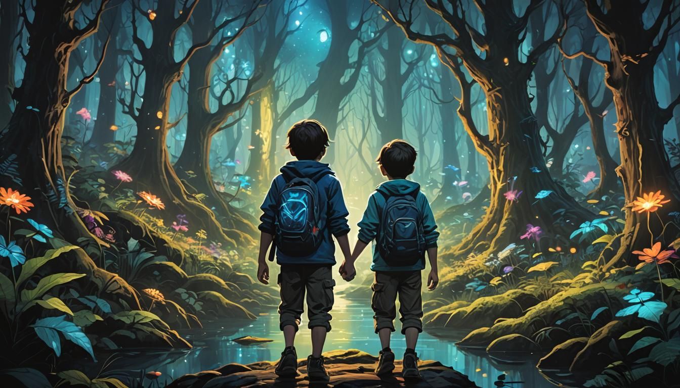 Brothers Explore a Bioluminescent Enchanted Forest