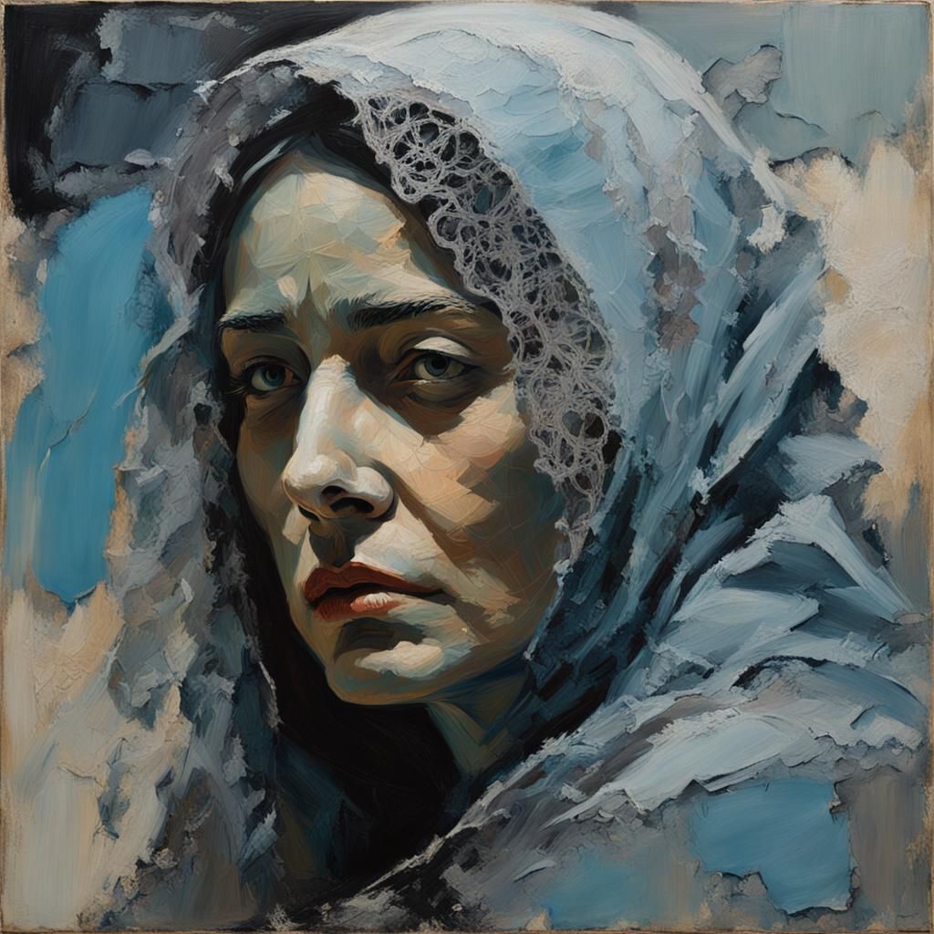 Veiled Woman in Sorrow: Expressionist Impasto Painting
