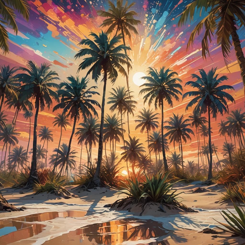 Alien Planet Palm Trees in Surreal Splash Art