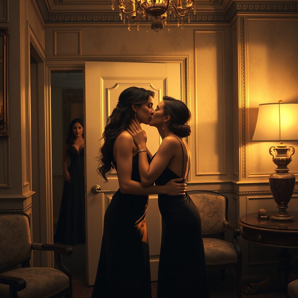 Elegant Women Share Passionate Kiss in Luxurious Hotel Suite