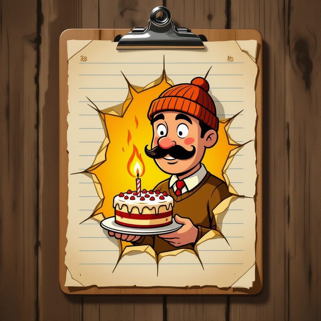 Retro Man with Cake Illustration on Burned Paper