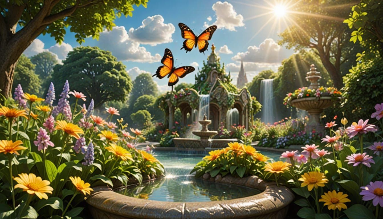 Enchanted Elf Fountain with Flowers and Butterflies