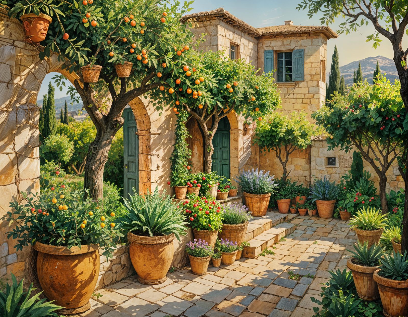Mediterranean Garden in Gouache Watercolor Style