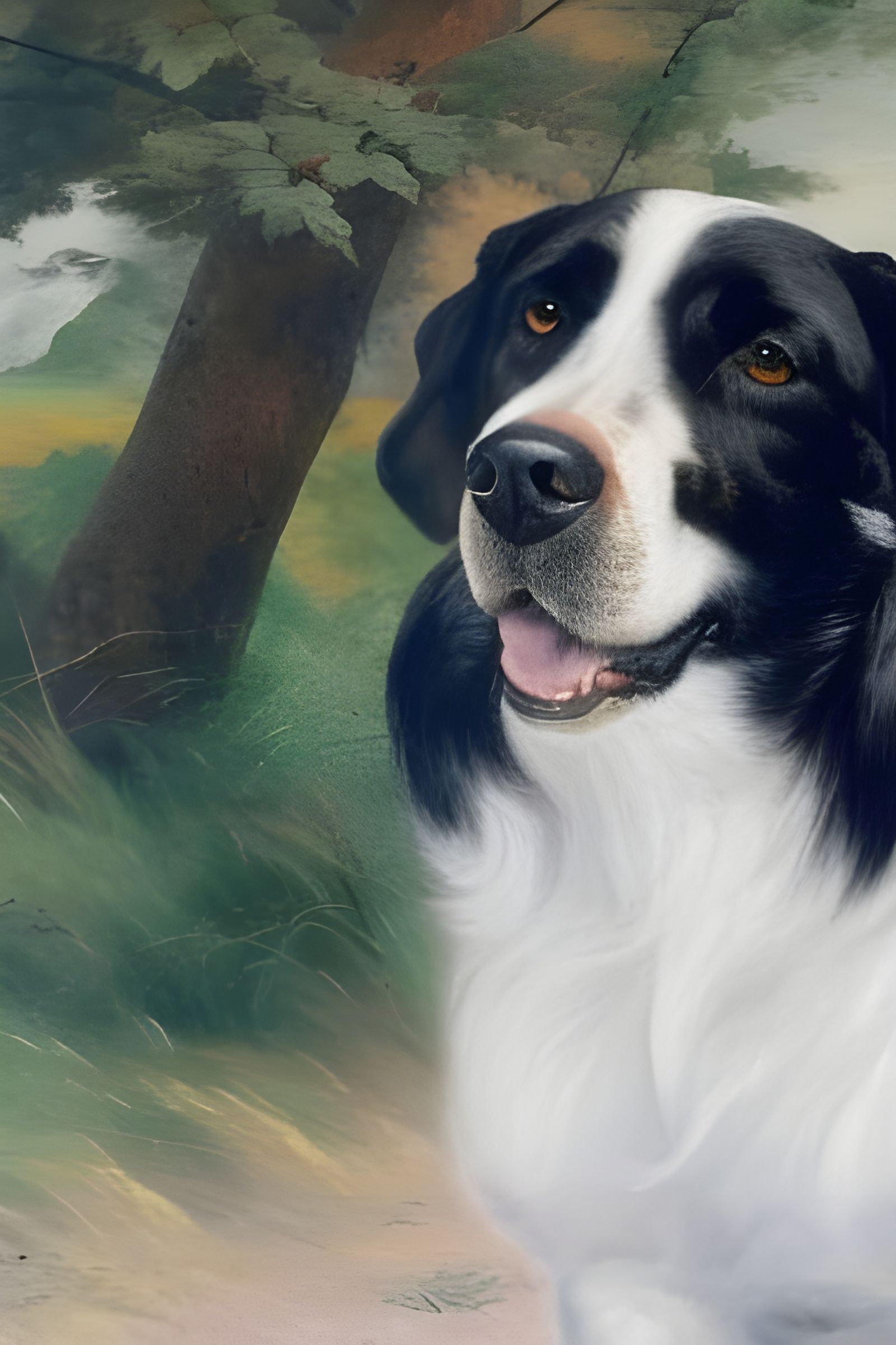 Black and White Hunting Dog Oil Painting