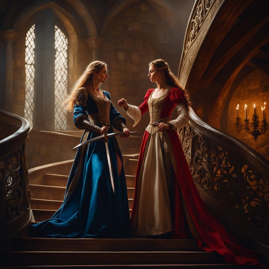 Medieval Women Sword Fight on Castle Stairs