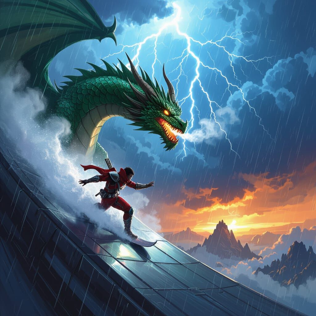 Epic Fantasy Slider Man Battles Dragon in Thunderstorm