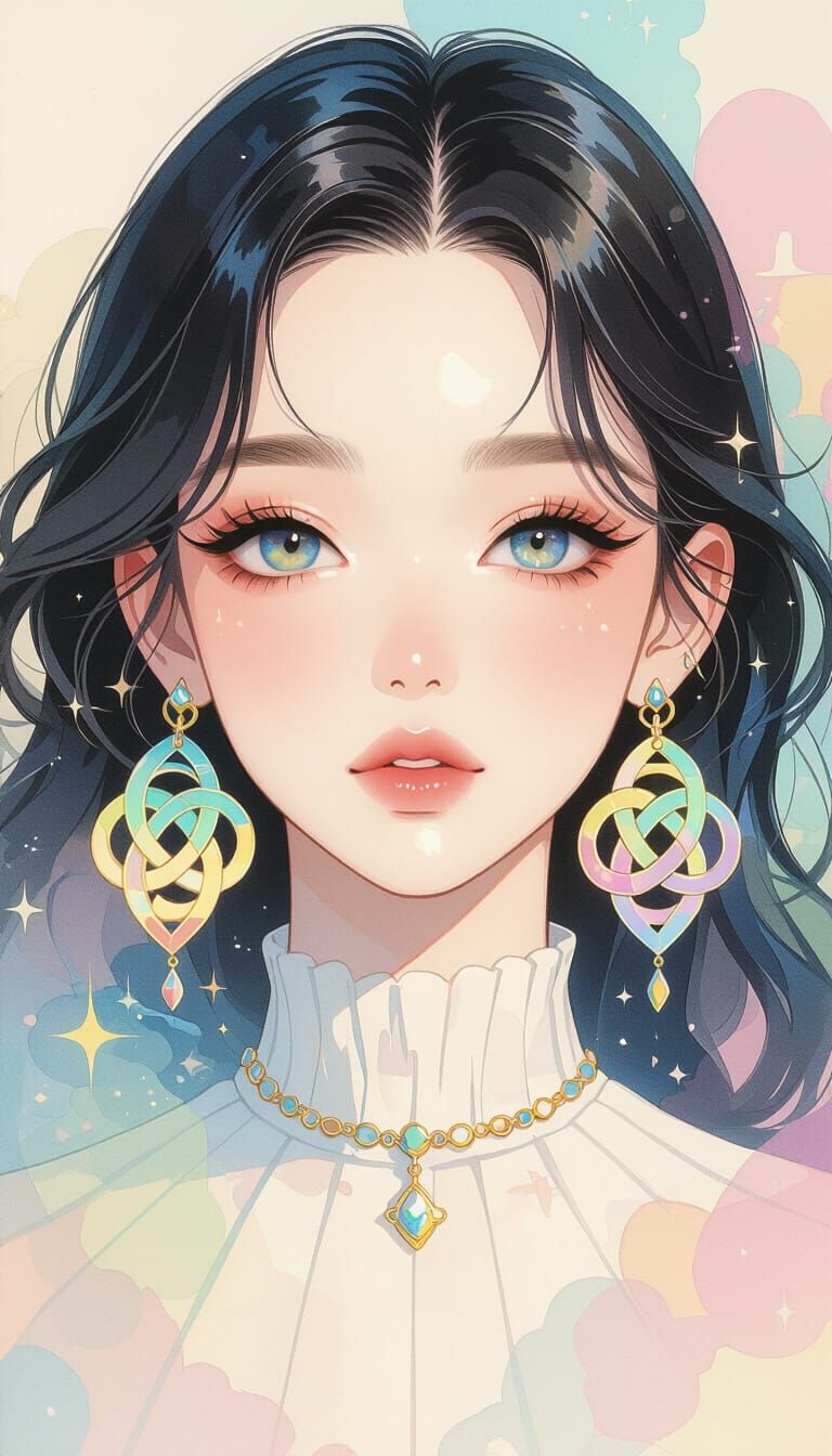 Manhwa Fashion Illustration: Holographic Woman with Celtic K...